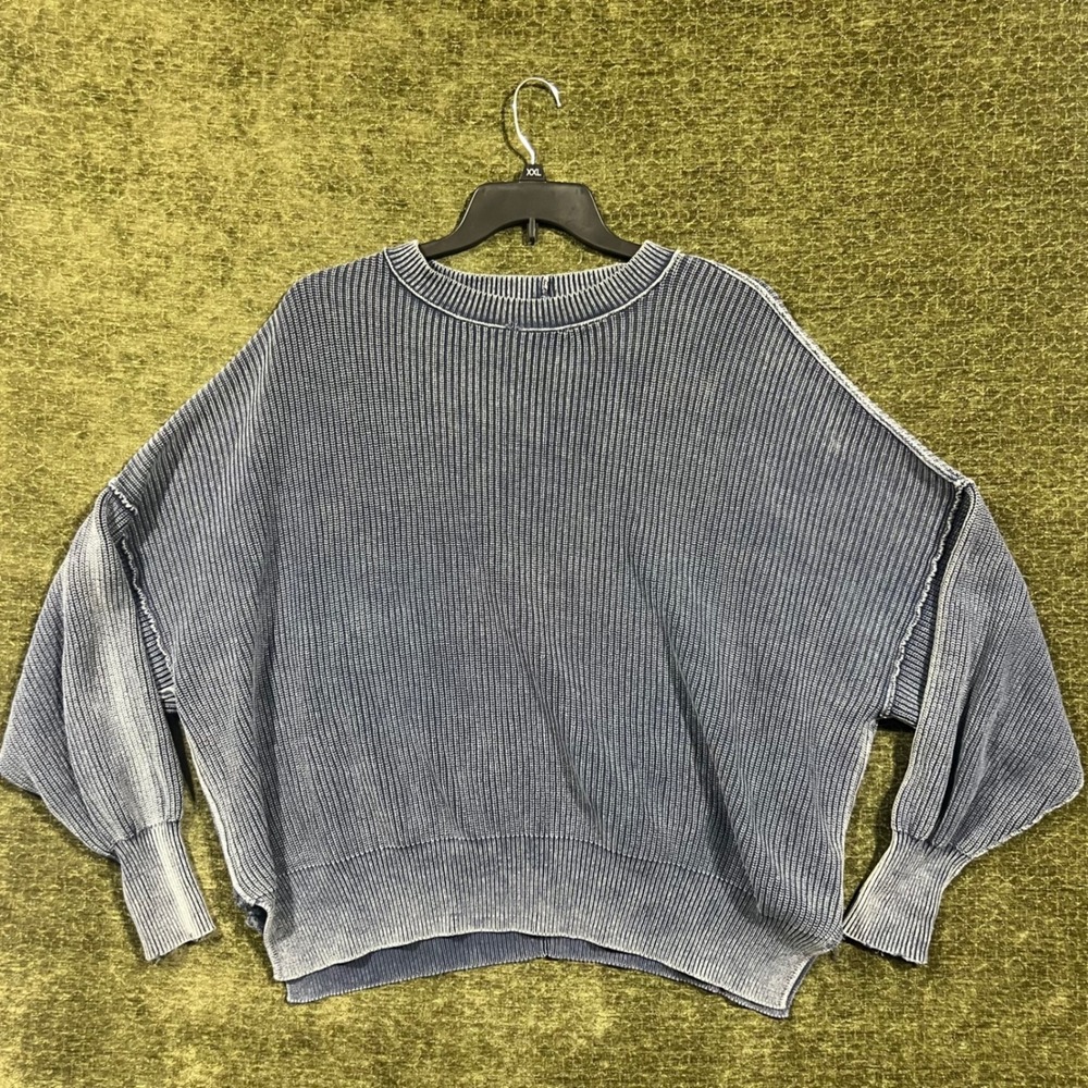 Aerie Sweater Womens XXL Blue Oversized Ribbed Knit Cotton Acid Wash Pullover